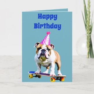 Cartão Bulldog Vestindo um Chapéu de Aniversário em um sk
