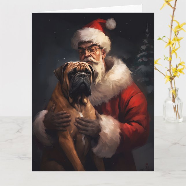 Cartão Bullmastiff Com Papai Noel Natal Festivo (Flor Amarela)