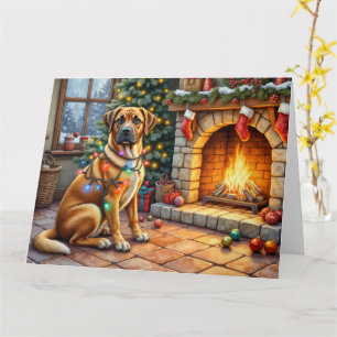 Cartão Bullmastiff Lareira com Luzes de Natal