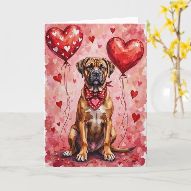Cartão Bullmastiff Valentine’s Day Dog with Hearts Red (Flor Amarela)