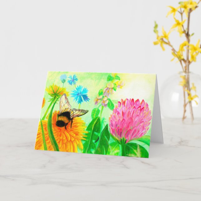 Cartão Bumblebee no aniversário de dandelion (Flor Amarela)