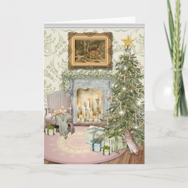 Cartão Bunnies Celebrating Christmas Folded Greeting Card (Frente)