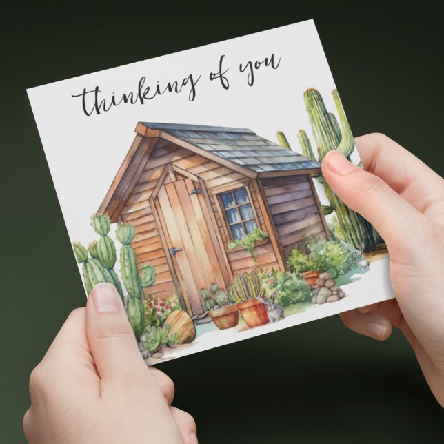 Cartão Bunnies com algodão Saguaro Cactus (Cacti inspired thinking of you customizable greeting card with plants and a cottage. )