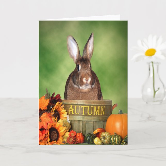 Cartão Bunny Halloween sentado em uma cesta de madeira de (Planta pequena)