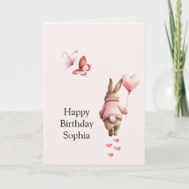 Cartão Bunny Heart Balloon Pink Butterflies Birthday