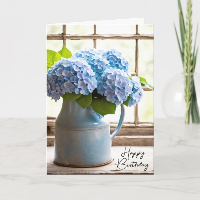 Cartão Buquê Azul Hydrangea Birthday Na Janela (Frente)