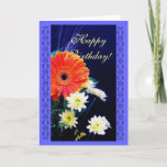 Cartão Buquê da flor do aniversário<br><div class="desc">Margarida alaranjada do gerbera da fotografia original e flores amarelas no fundo azul. "O feliz aniversario,  desejando lhe todas as coisas bonitas na vida que você merece" a fotografia por Maria Santos (Lusinhas faz Sul)</div>