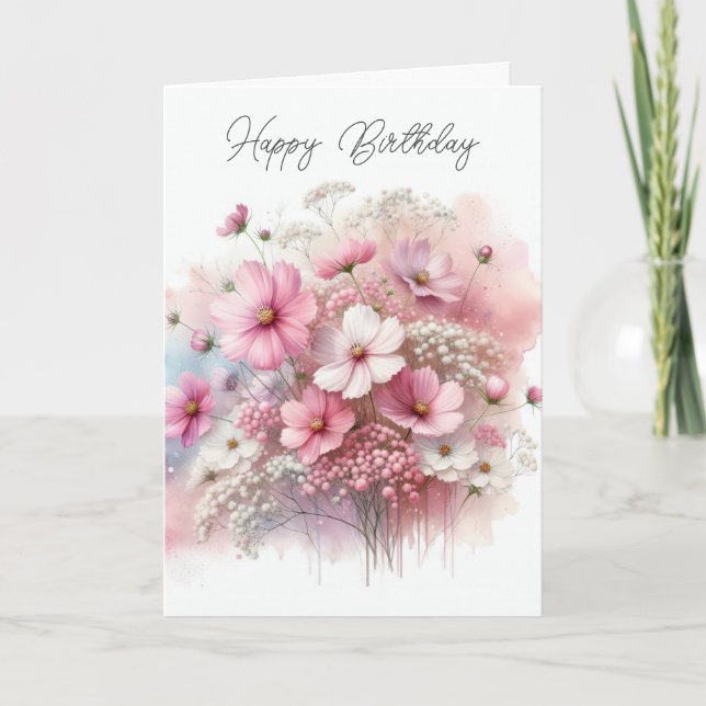 Cartão Buquê de Cosmos Rosa de Aniversário (Frente)