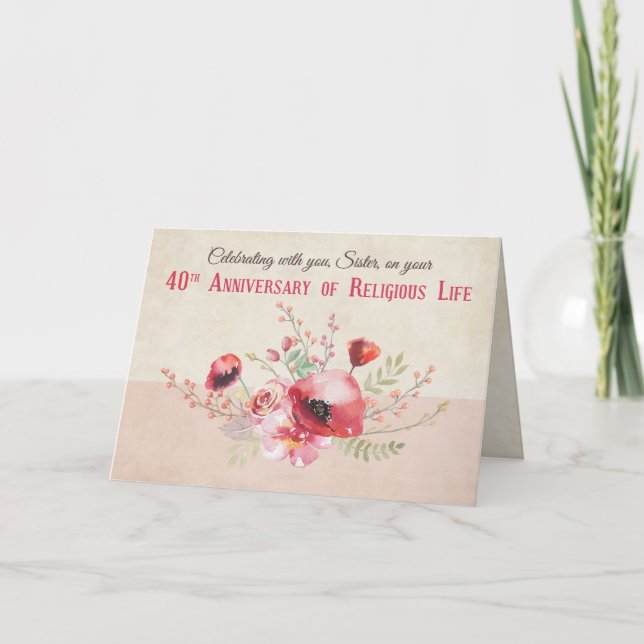 Cartão Buquê de Flores Rosa e Vermelha do 40º Aniversário (Frente)