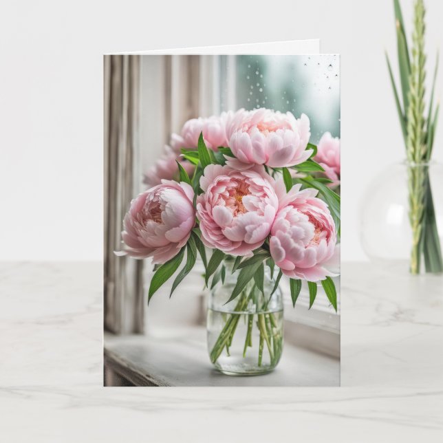 Cartão Buquê de Peônia Rosa de Aniversário (Frente)