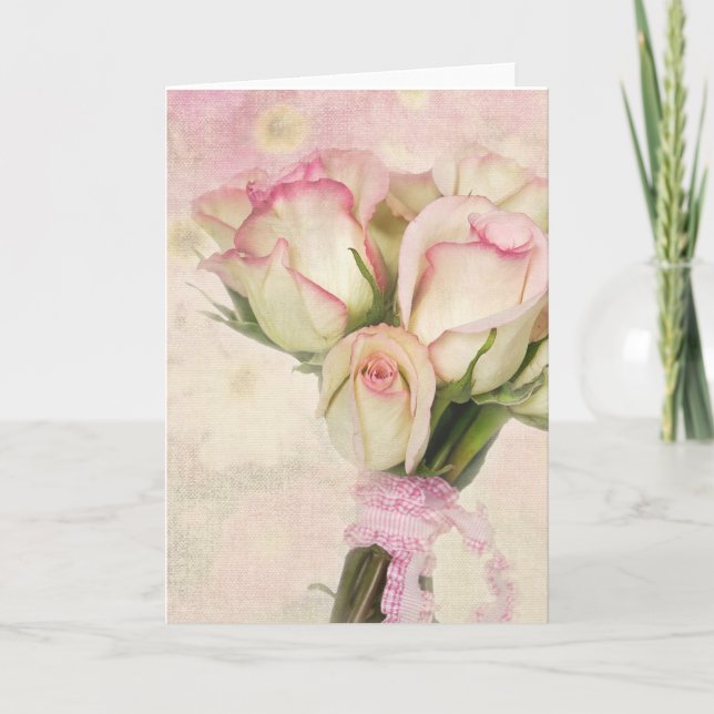 Cartão Buquê de Rosas Rosa e Marfim com Fita (Frente)