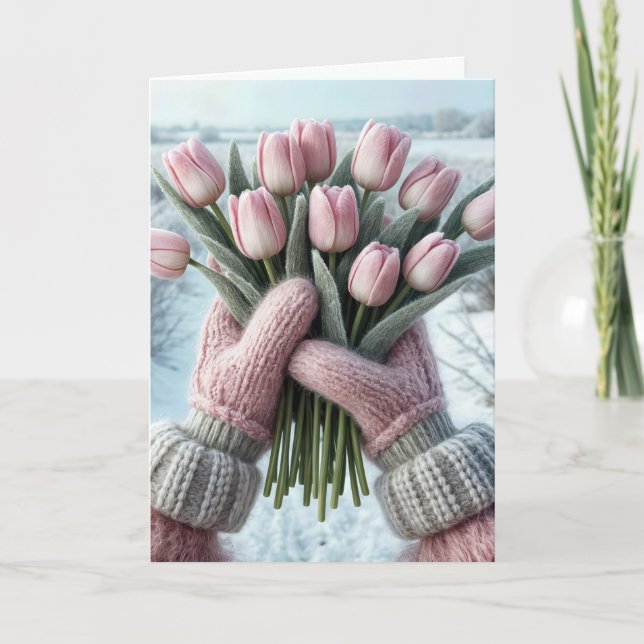 Cartão Buquê de Tulipa Rosa de Aniversário (Frente)