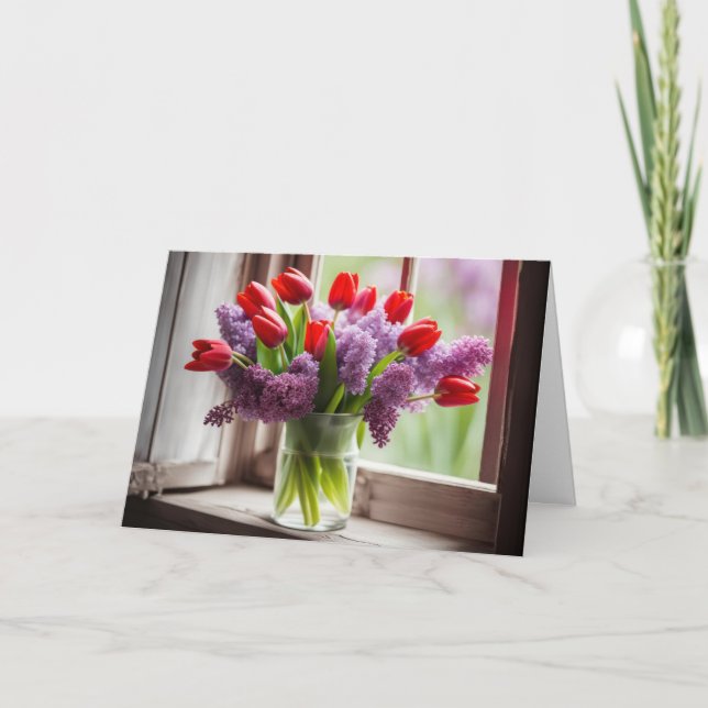 Cartão Buquê de Tulipa Vermelha e Lilás de Aniversário (Frente)
