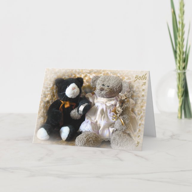 Cartão Buquê dourado do aniversário do urso (Frente)