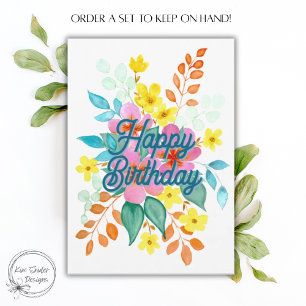 Cartão Buquê Floral Colorido em Aquarela Feliz Aniversári