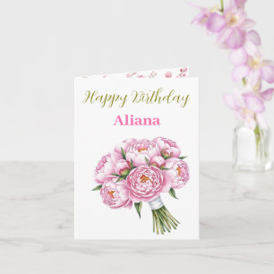 Cartão Buquê Pink Peony Nome personalizado e Texto Bonito