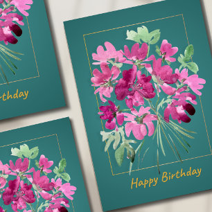 Cartão Buquê Rosa Boho Aniversário Floral Aquarela