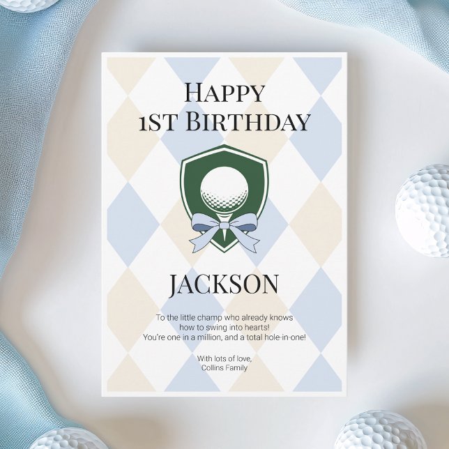 Cartão Buraco Azul em Um Meninos primeiro aniversario Fel (Blue Hole in One Boys Golf Happy 1st Birthday Card)