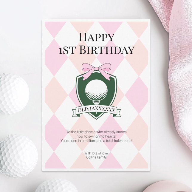 Cartão Buraco Rosa em Um primeiro aniversario Feliz de Go (Pink Hole in One Girl Golf Happy 1st Birthday Card)