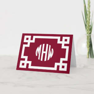 Cartão Burgundy Círculo Branco Monograma Chave Grega DIY