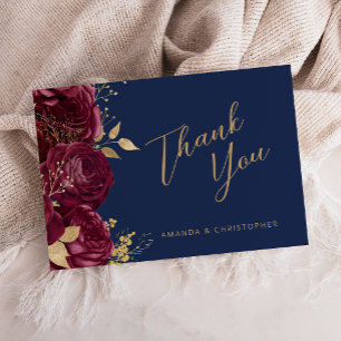 Cartão Burgundy Gold Floral Navy Blue Casamento Obrigado