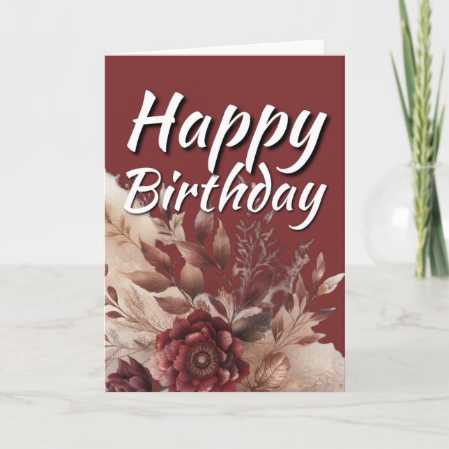 Cartão Burgundy Gold Watercolor Floral Happy Birthday (Frente)