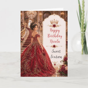 Cartão Burgundy Rose Sweet 16 Princesa Coroa Dourada