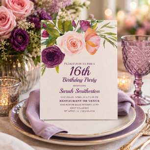 Cartão Burgundy Roxo Bege Floral 16 Aniversário