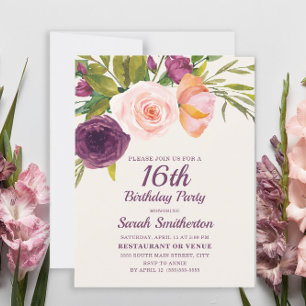 Cartão Burgundy Roxo Bege Floral 16 Aniversário