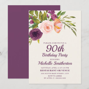 Cartão Burgundy Roxo Blush Rosa Floral 90º Aniversário
