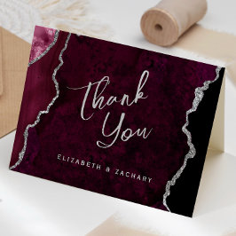 Cartão Burgundy Silver Agate Script Wedding Thank You