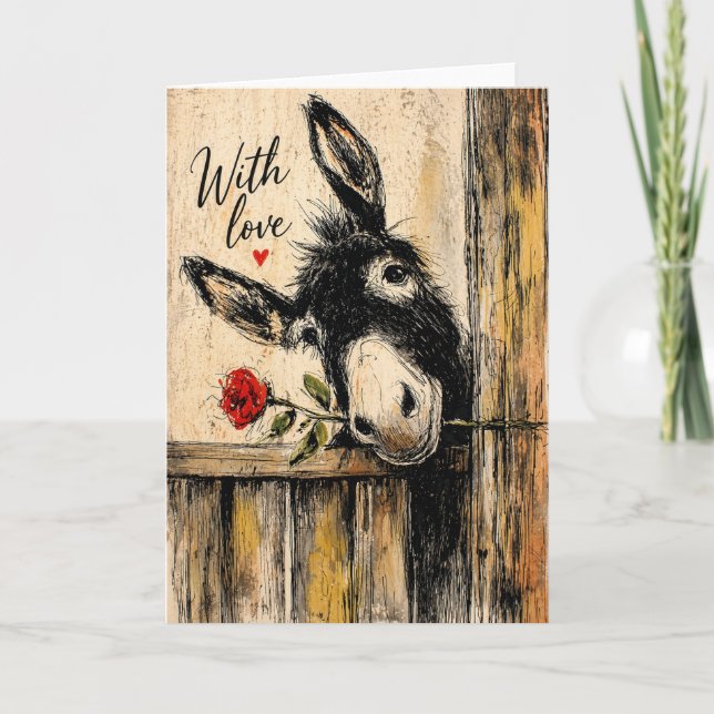 Cartão Burro Com Rosa Amor Rústico (Frente)