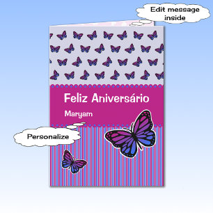 Cartão Butterfly birthday add name portuguese