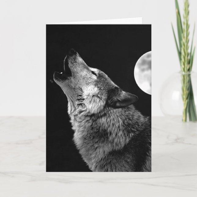 Cartão BW Wolf Howling na Lua (Frente)