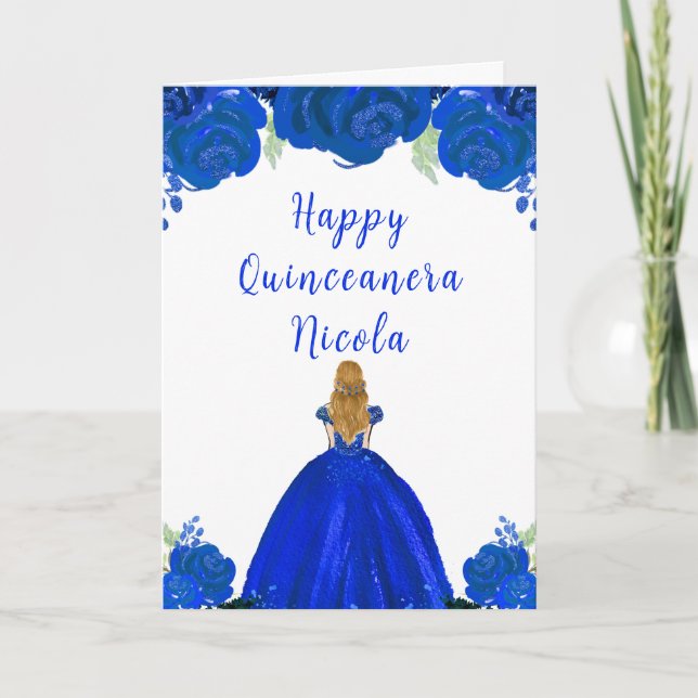 Cartão Cabelo loiro Princesa Azul Quinceanera (Frente)