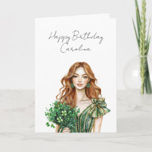 Cartão Cabelo Vermelho Feminino Verde Dourado Brilho Aniv