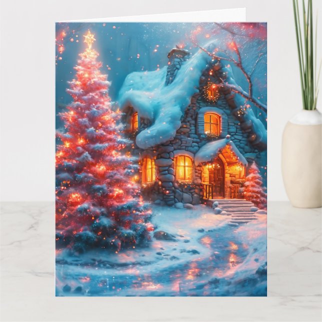 Cartão Cabina Whimsic com Árvore de Natal Rosa (Frente)