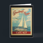 Cartão Cabo May Saudação Card Sailboat Vintage New Jersey<br><div class="desc">Esta saudação de Cape May New Jersey viagens vintage náutica apresenta um barco navegando na água com gaivotas e um céu azul cheio de lindas nuvens brancas puffy.</div>