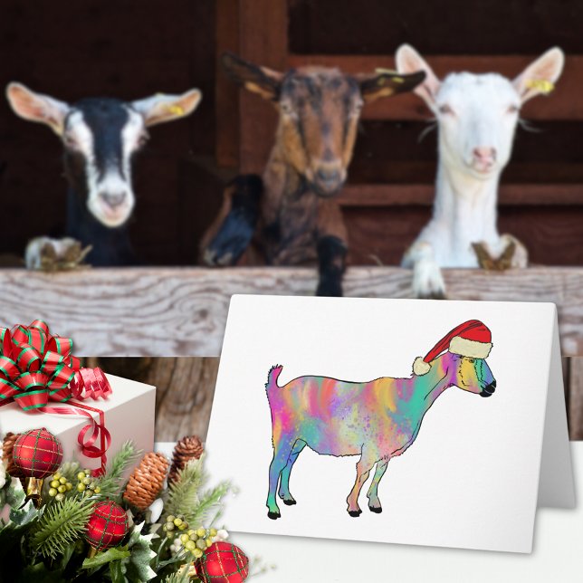 Cartão Cabra de Natal Colorida (Christmas goat colorful farm animal art holiday card cute goat wearing a Santa hat watercolor)