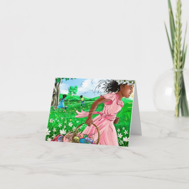 Cartão Caça ao Ovo de Páscoa de Meninas Africanas Fofo| P (Frente)