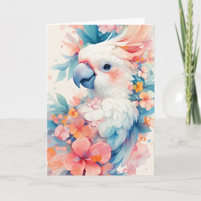 Cartão Cacatua Entre Flores Vibrantes (Frente)