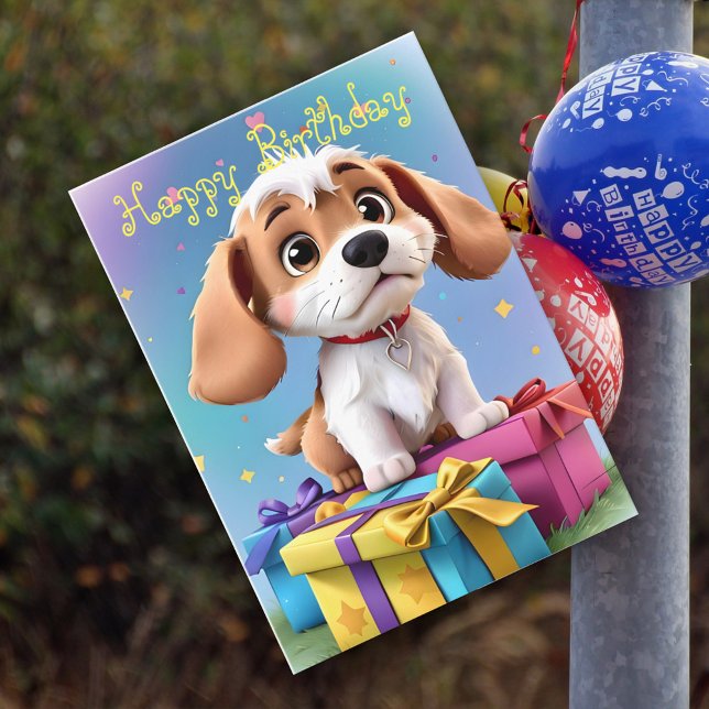 Cartão Cachorrinho fofo bronze e branco com presentes de  (Criador carregado)