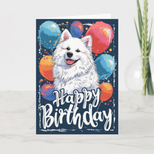 Cartão Cachorro Americano Esquimó com Balões de Aniversár