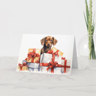 Cartão Cachorro Aquarela Atrás dos presentes de Natal
