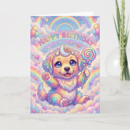 Cartão Cachorro Arco-Íris Mágico Fantasia de Aniversário