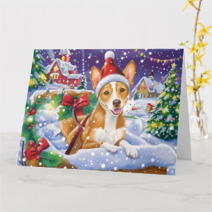 Cartão Cachorro Basenji no Natal da neve em Sleigh