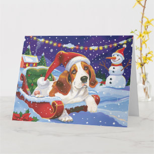 Cartão Cachorro Basset Hound em Trenó de Neve Natal