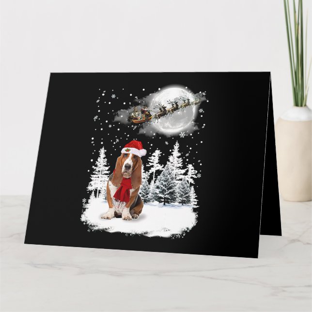 Cartão Cachorro Basset Hound sob Luz do Luar Neve Natal R (Frente)