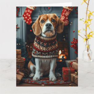 Cartão Cachorro Beagle com Presentes de Natal Lareira