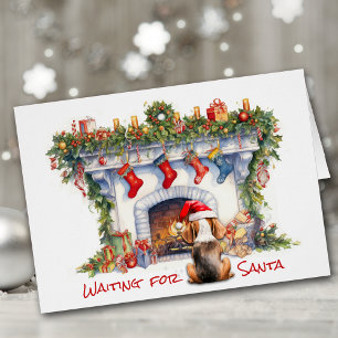 Cartão Cachorro Beagle Esperando na Lareira de Natal de P